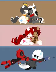 Size: 1200x1534 | Tagged: safe, artist:snow angel, derpibooru import, oc, oc:adonis, oc:black ink, oc:snow angel, ponified, unofficial characters only, earth pony, pegasus, pony, bell, bell collar, charm, clothes, collar, crossover, deadpool, digital art, ear fluff, female, fluffy, scarf
