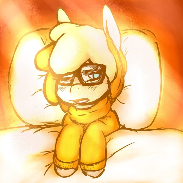 Size: 1280x1280 | Tagged: artist:fu-do, bed, clothes, derpibooru import, female, glasses, morning ponies, oc, oc:punkin spice, safe, solo, sweater, unofficial characters only, waking