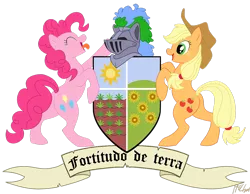 Size: 1280x993 | Tagged: safe, artist:carnivorouscaribou, derpibooru import, applejack, pinkie pie, earth pony, pony, blackletter, coat of arms, crest, crops, earth pony tribe, field, flower, helmet, heraldry, hill, latin, motto, plot, plumes, scroll, shield, simple background, sun, supporters, transparent background