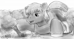 Size: 1327x711 | Tagged: safe, artist:alloyrabbit, derpibooru import, apple bloom, applejack, big macintosh, earth pony, pony, apple tree, applebucking, giant pony, macro, male, monochrome, ponies riding ponies, prone, really big mac, sitting, stallion, tree