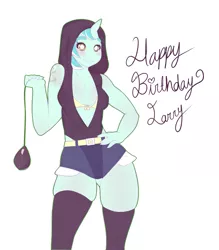 Size: 1222x1394 | Tagged: anthro, artist:tesuai, birthday, bra, breasts, cleavage, clothes, derpibooru import, female, gift art, hoodie, lyra heartstrings, shorts, sleeveless, solo, solo female, stockings, suggestive, tattoo, text, underwear