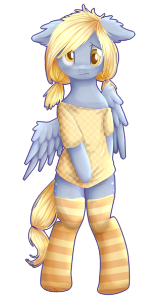 Size: 1571x2889 | Tagged: suggestive, artist:0okami-0ni, derpibooru import, derpy hooves, pony, semi-anthro, bipedal, clothes, covering, cute, derpabetes, ear fluff, floppy ears, off shoulder, shirt pull, shoulder shirt, socks, solo, striped socks, t-shirt, wavy mouth