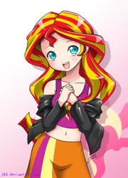 Size: 894x1244 | Tagged: safe, artist:j8d, derpibooru import, sunset shimmer, human, equestria girls, belly button, clothes, cute, human coloration, humanized, jacket, leather jacket, midriff, shimmerbetes, solo, tanktop