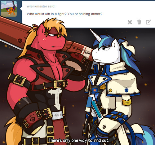 Size: 500x468 | Tagged: safe, artist:redhotkick, derpibooru import, big macintosh, shining armor, earth pony, pony, semi-anthro, ask big red macintosh, crossover, guilty gear, ky kiske, male, sol badguy, stallion