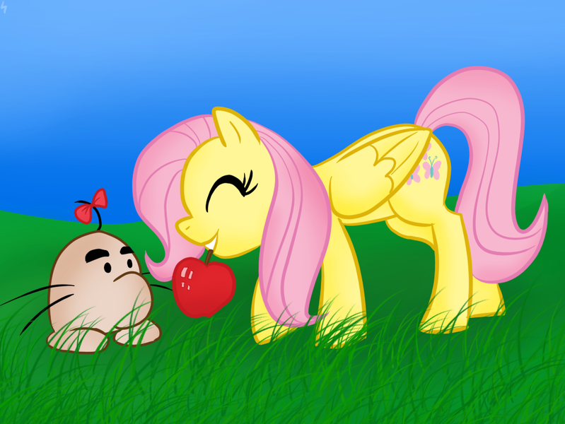 Size: 1000x751 | Tagged: artist:apple-707, colored, crossover, derpibooru import, earthbound, fluttershy, mr. saturn, nintendo, safe