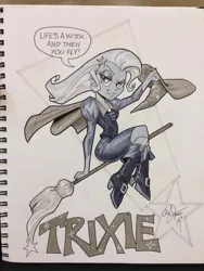 Size: 934x1245 | Tagged: safe, artist:andypriceart, derpibooru import, trixie, equestria girls, broom, clothes, dialogue, flying, flying broomstick, lidded eyes, looking at you, skirt, smirk, solo, traditional art, witch