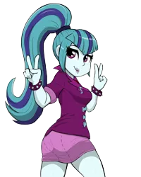 Size: 800x1000 | Tagged: safe, artist:deadsmutanon, artist:livesmutanon, derpibooru import, sonata dusk, equestria girls, rainbow rocks, ass, butt, clothes, cute, double peace sign, female, gem, jewelry, looking at you, looking back, looking back at you, miniskirt, necklace, peace sign, ponytail, siren gem, skirt, smiling, solo, sonata donk, sonatabetes, spiked wristband, thighs, wristband