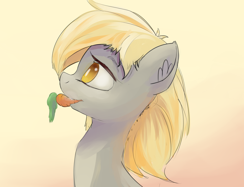 Size: 2500x1920 | Tagged: safe, artist:qweeli, derpibooru import, derpy hooves, pony, bust, carrot, ear fluff, eating, gradient background, horses doing horse things, lidded eyes, mouth hold, nom, portrait, simple background, smiling, solo