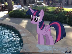 Size: 3264x2448 | Tagged: safe, artist:skie-vinyl, derpibooru import, twilight sparkle, twilight sparkle (alicorn), alicorn, pony, building, car, chair, female, irl, mare, photo, ponies in real life, shadow, solo, table, vector, water fountain