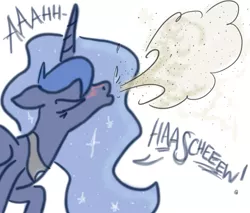 Size: 1309x1117 | Tagged: artist:rainysunshine, derpibooru import, dust, fetish, mucus, nostrils, princess luna, safe, sneeze cloud, sneezing, sneezing fetish, solo, spray