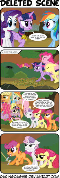 Size: 2000x5888 | Tagged: safe, artist:daringdashie, derpibooru import, apple bloom, applejack, fluttershy, pinkie pie, rainbow dash, rarity, scootaloo, sweetie belle, twilight sparkle, twilight sparkle (alicorn), alicorn, pony, twilight's kingdom, blank flank, comic, cutie mark crusaders, deleted scene, female, knife, mane six, mare