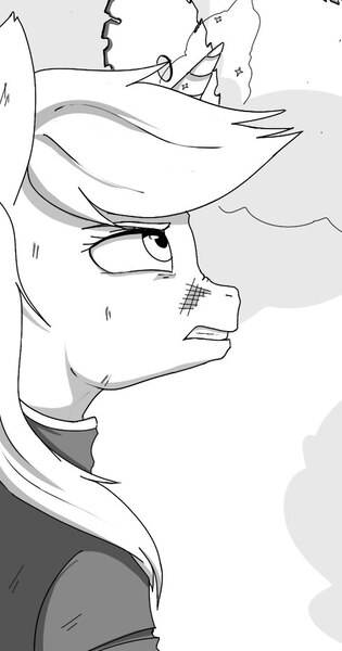 Size: 491x936 | Tagged: safe, artist:kira-minami, derpibooru import, oc, oc:littlepip, unofficial characters only, pony, unicorn, fallout equestria, fanfic, black and white, clothes, fanfic art, female, grayscale, magic, mare, monochrome, sawblade, solo, vault suit