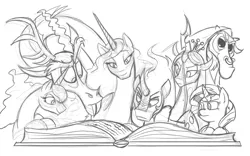 Size: 1024x638 | Tagged: safe, artist:mickeymonster, derpibooru import, discord, king sombra, lord tirek, princess celestia, princess luna, queen chrysalis, sunset shimmer, pony, black and white, grayscale, monochrome, reading, sketch, storybook