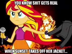 Size: 800x600 | Tagged: safe, derpibooru import, edit, sunset shimmer, equestria girls, rainbow rocks, clothes, explosion, image macro, jacket, leather jacket, meme, the coats are off, throwing, vulgar