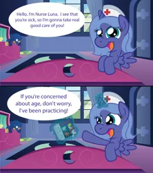 Size: 1920x2160 | Tagged: artist:t-3000, comic, cute, derpibooru import, dr. mario, filly, gamer luna, nurse, pov, princess luna, safe, solo, woona