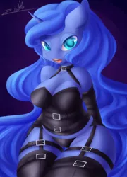 Size: 922x1280 | Tagged: anthro, artist:zodiacnicola, breasts, cleavage, derpibooru import, female, latex, latex socks, princess luna, solo, solo female, suggestive, tumblr:ask lewdna