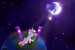 Size: 2060x1372 | Tagged: artist:lunarcakez, banner, cewestia, cute, derpibooru import, filly, flag, moon, planet, princess celestia, princess luna, safe, stars, tangible heavenly object, telephone, tin can, woona