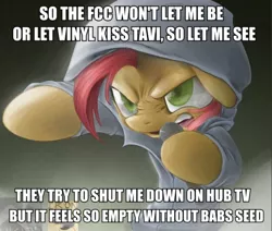 Size: 612x520 | Tagged: safe, derpibooru import, babs seed, earth pony, pony, babs the rapper, clothes, eminem, exploitable meme, female, filly, hoodie, image macro, implied octavia, implied vinyl scratch, meme, nose wrinkle, solo, without me (eminem)
