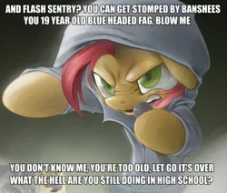 Size: 612x518 | Tagged: safe, derpibooru import, babs seed, earth pony, pony, babs the rapper, clothes, eminem, exploitable meme, female, filly, hoodie, image macro, implied flash sentry, meme, nose wrinkle, solo, vulgar, without me (eminem)