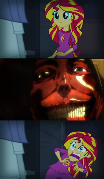 Size: 596x1024 | Tagged: safe, derpibooru import, sunset shimmer, equestria girls, rainbow rocks, attack on titan, exploitable meme, meme, smiling titan, sunset screamer