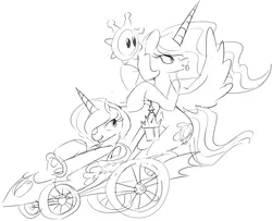 Size: 1868x1514 | Tagged: source needed, safe, artist:zev, derpibooru import, princess celestia, princess luna, chariot, crossover, grayscale, mario kart, mario kart double dash, monochrome, shine sprite, super mario bros., super mario sunshine, tongue out