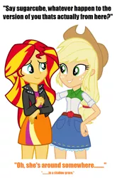 Size: 852x1289 | Tagged: semi-grimdark, derpibooru import, applejack, sunset shimmer, equestria girls, rainbow rocks, fridge horror, image macro, implications, meme, murder