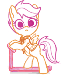 Size: 250x301 | Tagged: animated, artist:mcponyponypony, back to the future, derpibooru import, looking at you, marty mcfly, safe, scootachicken, scootaloo, scooter, solo, staring into your soul, super saiyan