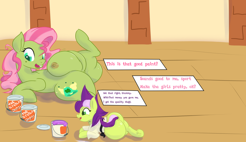 Size: 2188x1264 | Tagged: questionable, artist:hell ray, derpibooru import, oc, oc:saggitha slap, oc:zippy doo, unofficial characters only, earth pony, pony, bucktooth, crotchboobs, gi, impossibly large crotchboobs, nipples, nudity, paint, plot