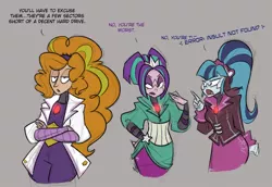 Size: 900x620 | Tagged: safe, artist:egophiliac, derpibooru import, adagio dazzle, aria blaze, sonata dusk, robot, steamquestria, equestria girls, artificial intelligence, dialogue, gray background, simple background, sonatabot, steampunk, the dazzlings, trio, tumblr