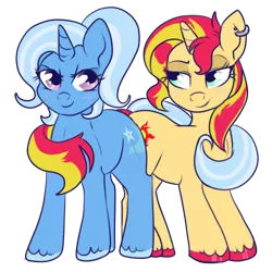 Size: 500x500 | Tagged: safe, artist:lulubell, derpibooru import, sunset shimmer, trixie, pony, unicorn, alternate hairstyle, bedroom eyes, blushing, cutie mark, duo, ear piercing, earring, eyelashes, female, horn, image, jewelry, lesbian, looking at each other, looking at someone, mare, piercing, png, raised eyebrow, shipping, simple background, smiling, standing, suntrix, tail, tail hug, tail seduce, transparent background, unshorn fetlocks