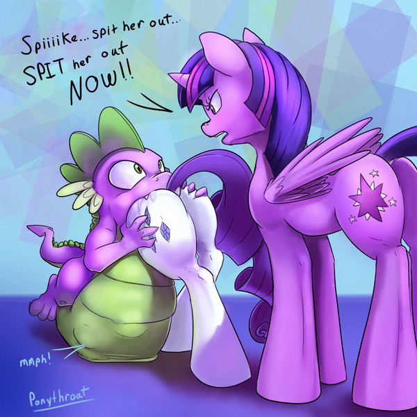 Size: 900x900 | Tagged: questionable, artist:ponythroat, derpibooru import, rarity, spike, twilight sparkle, twilight sparkle (alicorn), alicorn, pony, 2 handfuls of dat ass, abdominal bulge, belly, butt touch, context is for the weak, dialogue, dock, dragons eating horses, drool, female, fetish, hand on butt, head first, mare, plot, rariprey, spikepred, spipred, vore