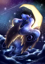 Size: 818x1157 | Tagged: safe, artist:secret-pony, derpibooru import, princess luna, alicorn, pony, cloud, crescent moon, ethereal mane, moon, night, solo, starry mane, starry night, tangible heavenly object, transparent moon