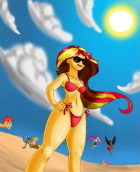 Size: 735x903 | Tagged: suggestive, artist:sirvictorpenint, derpibooru import, sunset shimmer, equestria girls, beach, bikini, breasts, clothes, explicit source, slutset shimmer, slutty sunset shimmer, sunglasses, swimsuit