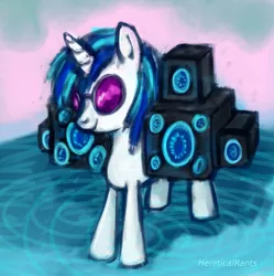 Size: 1220x1224 | Tagged: safe, artist:hereticalrants, derpibooru import, vinyl scratch, bass cannon, battle saddle, solo