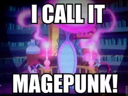 Size: 640x480 | Tagged: safe, derpibooru import, edit, edited screencap, screencap, twilight sparkle, twilight sparkle (alicorn), equestria girls, rainbow rocks, arcanepunk, bootleg, image macro, magepunk, magic mirror, magitek, meme, portal machine, text edit