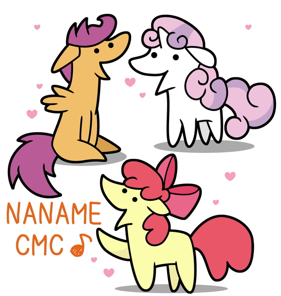 Size: 1900x2000 | Tagged: safe, artist:kushina13, artist:sechst_himmel, derpibooru import, edit, apple bloom, scootaloo, sweetie belle, earth pony, pegasus, pony, unicorn, :v, blank flank, cutie mark crusaders, female, filly, heart, naname pony, pixiv, raised hoof, simple background, sitting, spread wings, trio, white background, wings