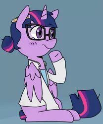 Size: 2337x2809 | Tagged: source needed, safe, artist:meowing-ghost, derpibooru import, sci-twi, twilight sparkle, ponified, alicorn, pony, equestria girls, rainbow rocks, clothes, equestria girls ponified, female, glasses, hair bun, lab coat, mare, pencil, pencil behind ear, ponified humanized pony, scitwilicorn, sitting, solo