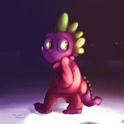 Size: 1024x1024 | Tagged: artist:imsokyo, clothes, daily life of spike, derpibooru import, dragon, footprint, looking back, male, pajamas, safe, snow, solo, spike, sweater, tumblr