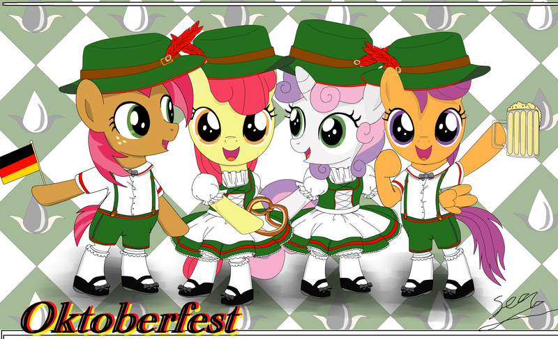 Size: 3296x2008 | Tagged: alcohol, apple bloom, artist:avchonline, babs seed, bavaria, bavarian, beer, clothes, cutie mark crusaders, derpibooru import, germany, lederhosen, oktoberfest, safe, scootaloo, sweetie belle