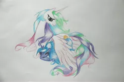 Size: 5184x3456 | Tagged: artist:ablm, derpibooru import, eyes closed, happy, hug, princess celestia, princess luna, prone, safe, smiling, traditional art, winghug