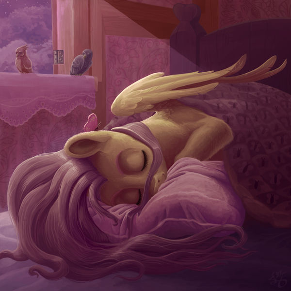 Size: 1500x1500 | Tagged: safe, artist:gor1ck, derpibooru import, fluttershy, bird, butterfly, pegasus, pony, bed, blanket, comfy, cute, detailed, eyes closed, female, mare, pillow, shyabetes, sleeping, solo, wings