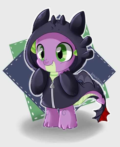 Size: 620x758 | Tagged: safe, artist:hikariviny, derpibooru import, spike, dragon, night fury, baby, baby dragon, clothes, costume, cute, fangs, green eyes, hoodie, how to train your dragon, jacket, male, signature, solo, spikabetes, toothless the dragon, weapons-grade cute, zipper