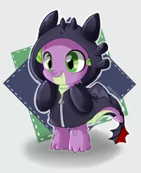 Size: 620x758 | Tagged: safe, artist:hikariviny, derpibooru import, spike, dragon, night fury, baby, baby dragon, clothes, costume, cute, fangs, green eyes, hoodie, how to train your dragon, jacket, male, signature, solo, spikabetes, toothless the dragon, weapons-grade cute, zipper