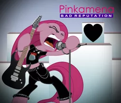 Size: 1440x1224 | Tagged: safe, artist:thegreenmachine987, derpibooru import, pinkie pie, tom, earth pony, pony, album cover, belt, bipedal, chains, clothes, electric guitar, guitar, heart, joan jett, microphone, pants, parody, pinkamena diane pie, solo