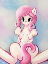 Size: 720x960 | Tagged: safe, artist:lumineko, derpibooru import, fluttershy, pegasus, pony, abstract background, blue eyes, blushing, covering, eyelashes, looking at you, lying, on back, pink mane, smiling, solo, tail covering, wings