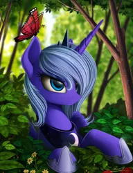 Size: 1000x1300 | Tagged: safe, artist:yakovlev-vad, derpibooru import, princess luna, alicorn, butterfly, pony, female, forest, mare, s1 luna, scenery, solo