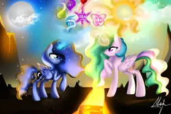 Size: 3000x2000 | Tagged: artist:thelyuba1211, creation, derpibooru import, elements of harmony, magic, magma, moon, princess celestia, princess luna, raised hoof, safe, sun, volcano