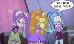 Size: 616x362 | Tagged: safe, derpibooru import, edit, edited screencap, screencap, adagio dazzle, aria blaze, sonata dusk, equestria girls, rainbow rocks, angry, crowd, food, fruit, sonataco, speech bubble, taco, the dazzlings, throwing, trio