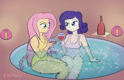 Size: 1000x650 | Tagged: safe, artist:empyu, derpibooru import, fluttershy, rarity, human, candle, clothes, female, flarity, hot tub, humanized, lesbian, one-piece swimsuit, romantic, shipping, spa, swimsuit, wine, wine glass