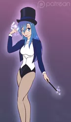 Size: 743x1280 | Tagged: artist:scorpdk, beautiful, beautiful eyes, beautiful hair, blue eyes, blue hair, bow, bowtie, clothes, cosplay, cute, derpibooru import, female, hat, human, humanized, legs, looking at you, lunabetes, magician, magician outfit, magic wand, open mouth, pantyhose, princess luna, safe, solo, top hat, tuxedo, woman, zatanna